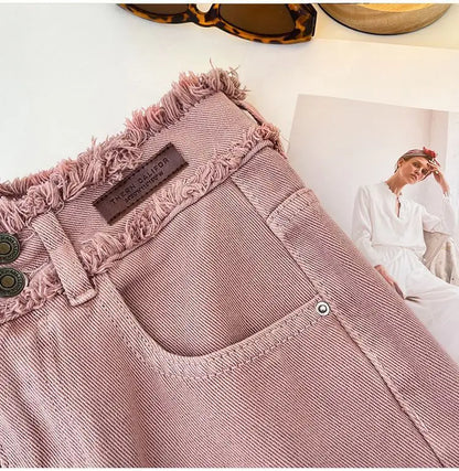 Korean Style Pink Jeans Women Spring Autumn High Waist Raw Edge Straight Denim Pants Simple Gentle All-matched Wide Leg Pants