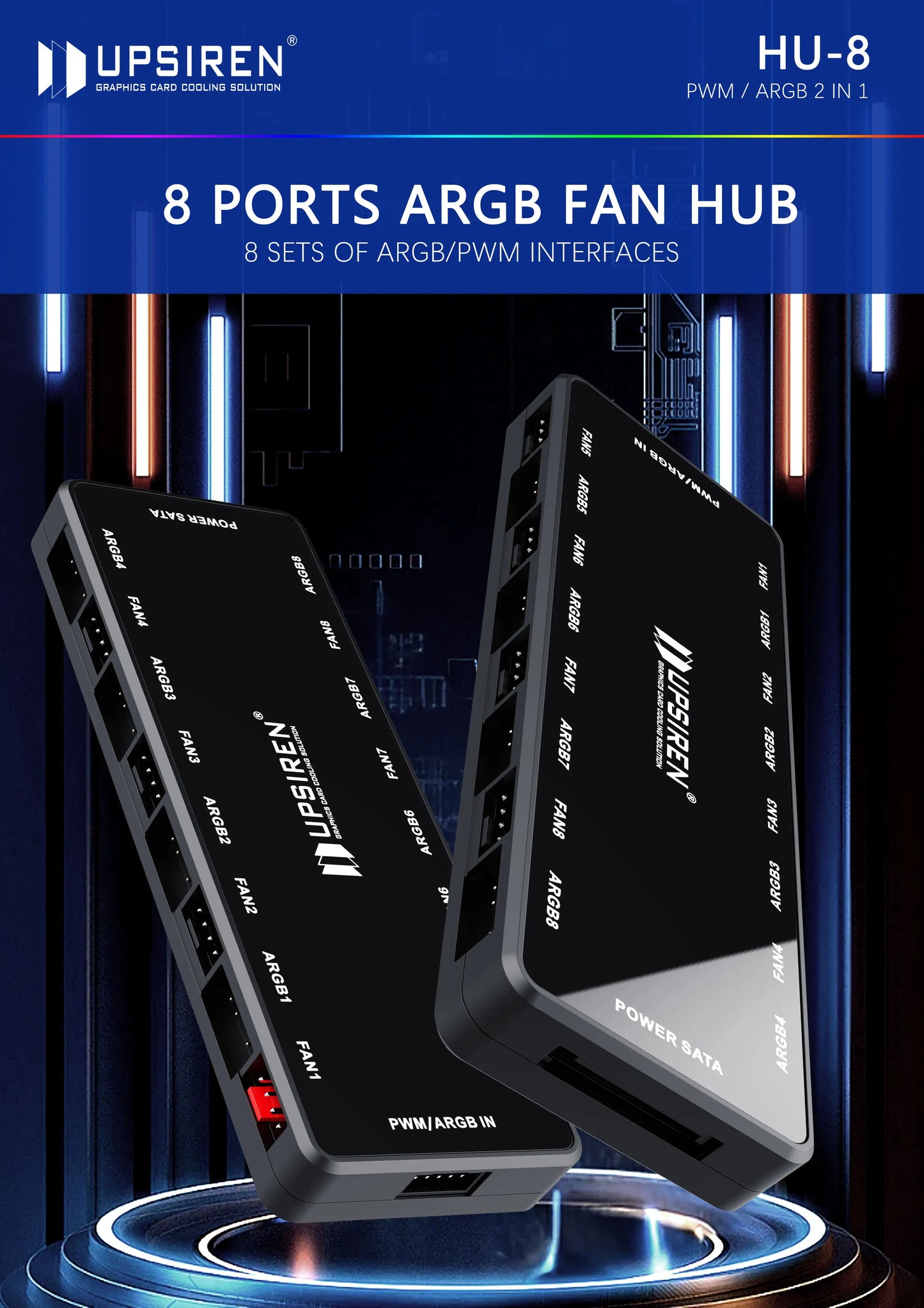 UPSIREN HU-8 Chassis Fan Hub，8 Sets of ARGB and PWM Interfaces,Bottom magnetic design，Support motherboard synchronization