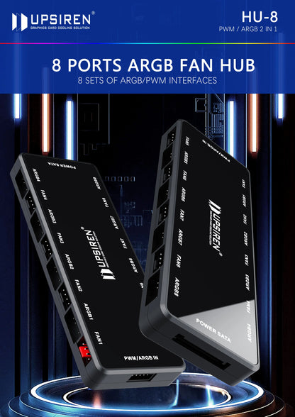 UPSIREN HU-8 Chassis Fan Hub，8 Sets of ARGB and PWM Interfaces,Bottom magnetic design，Support motherboard synchronization