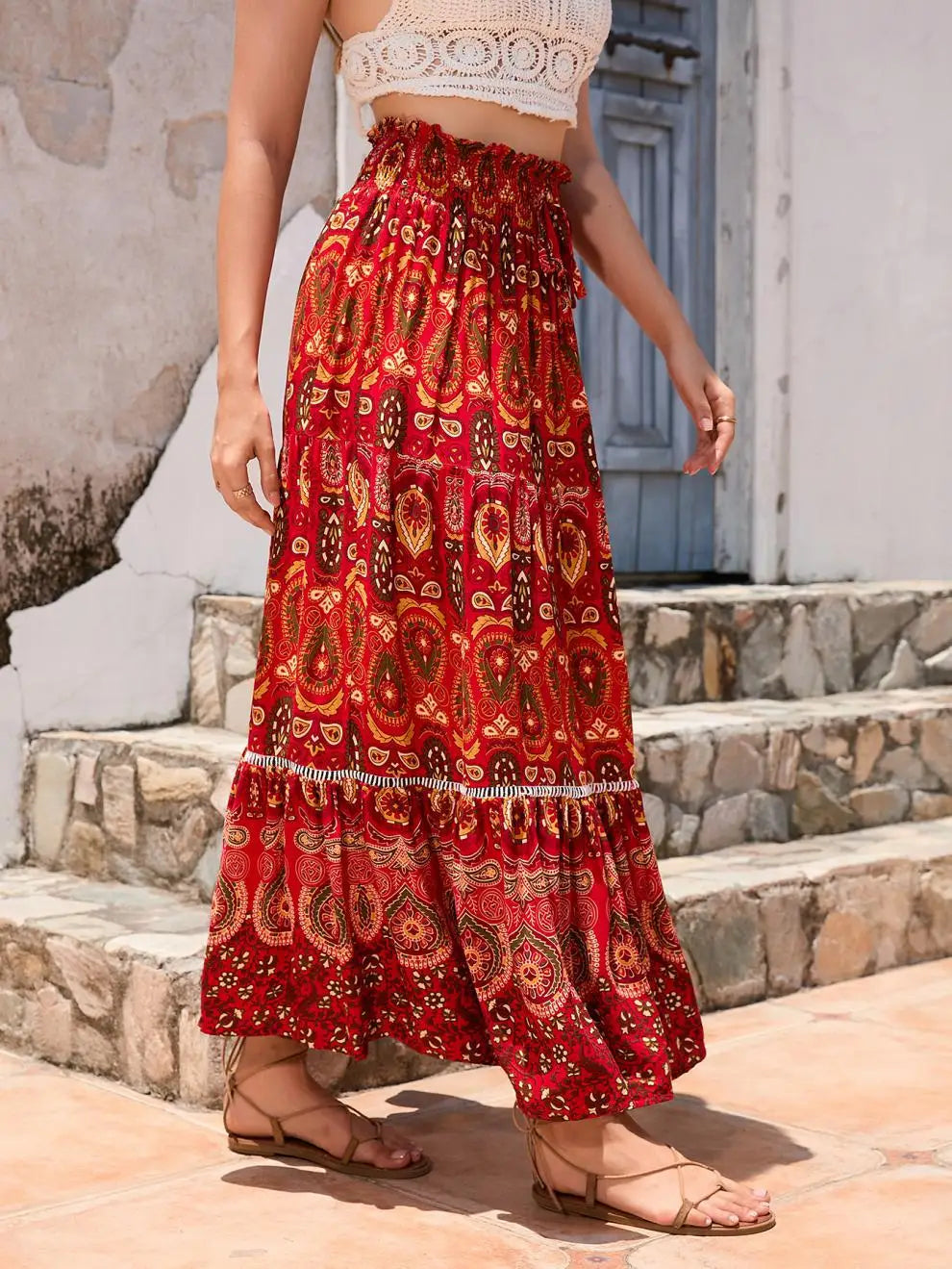 Women's Casual Temperament Skirt Women's Fashionable Bohemian Printed Elastic Waist Temperament Skirt Big Sway Temperament Skirt