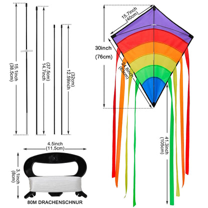 Rainbow Strip Spliced Diamond Rhombus Kite Lightweight Wind Resistant Fabric Easy Launch Stable Flight Foldable Portable Outdoor Flying Toy for Kids & Adults