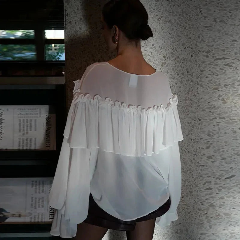 Sexy See-through Chiffon Top V-neck Long Sleeve Beach Party Shirt Trans-seasonal Women's Low Cut Shirt Ruffle Solid Color Tops