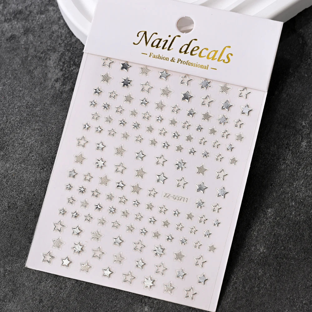 1pc Sliver Gold Star Nail Art Stickers Y2K Charms Self-Adhesive Sliders Laser White Chrome Gel Polish Decals Kawaii Accesories