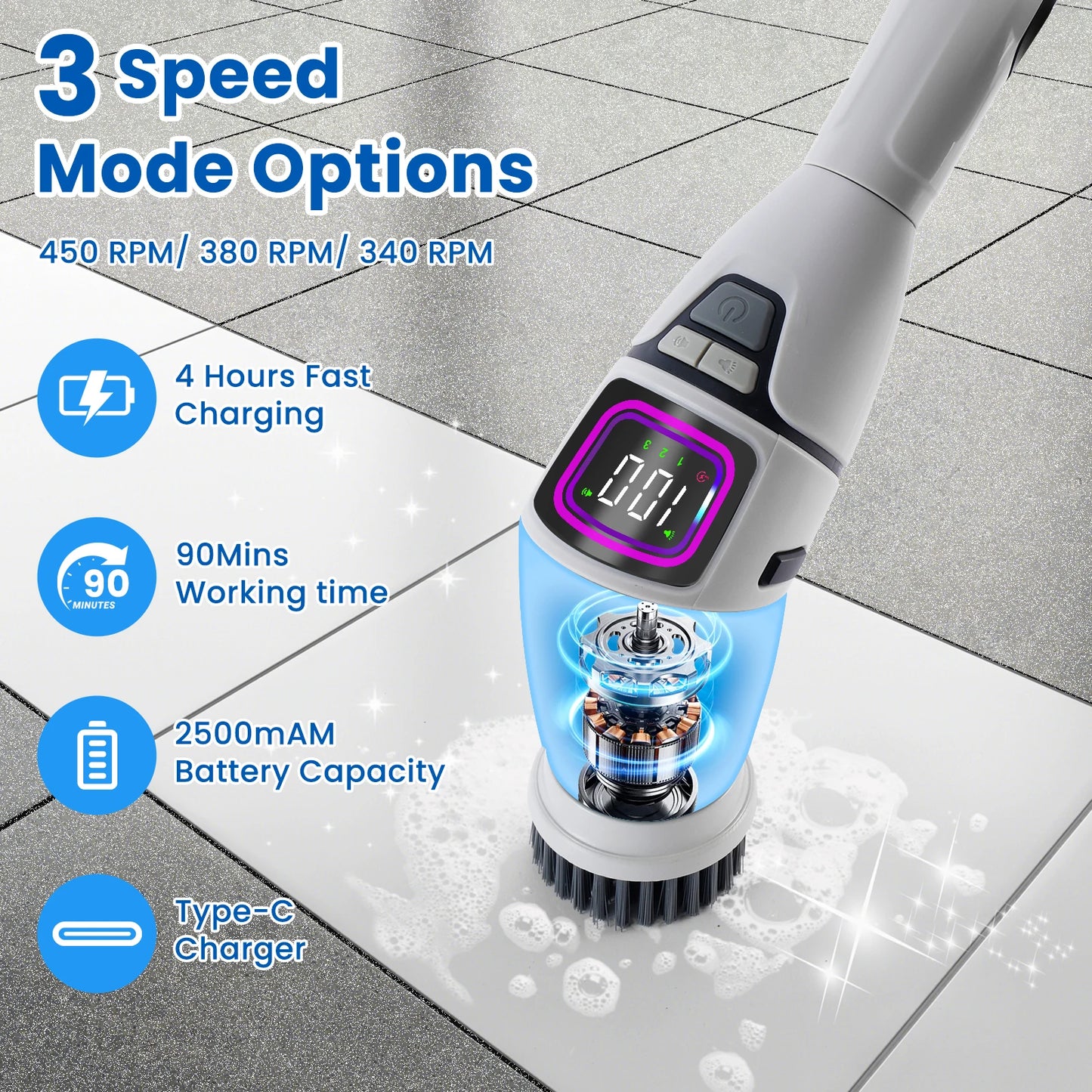 Rechargeable Electric Spin Scrubber, 3 Speed Settings, with Extendable Handle and Voice Prompts, for Whole House Clean