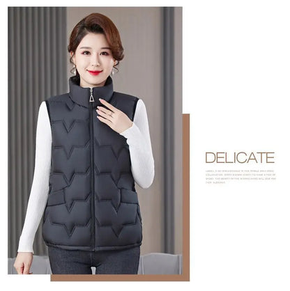 Fashion Women Down Cotton Jackets Vests Solid Stand Collar Zipper Cardigan Thicken Autumn Winter Warm Casual Sleeveless Coats