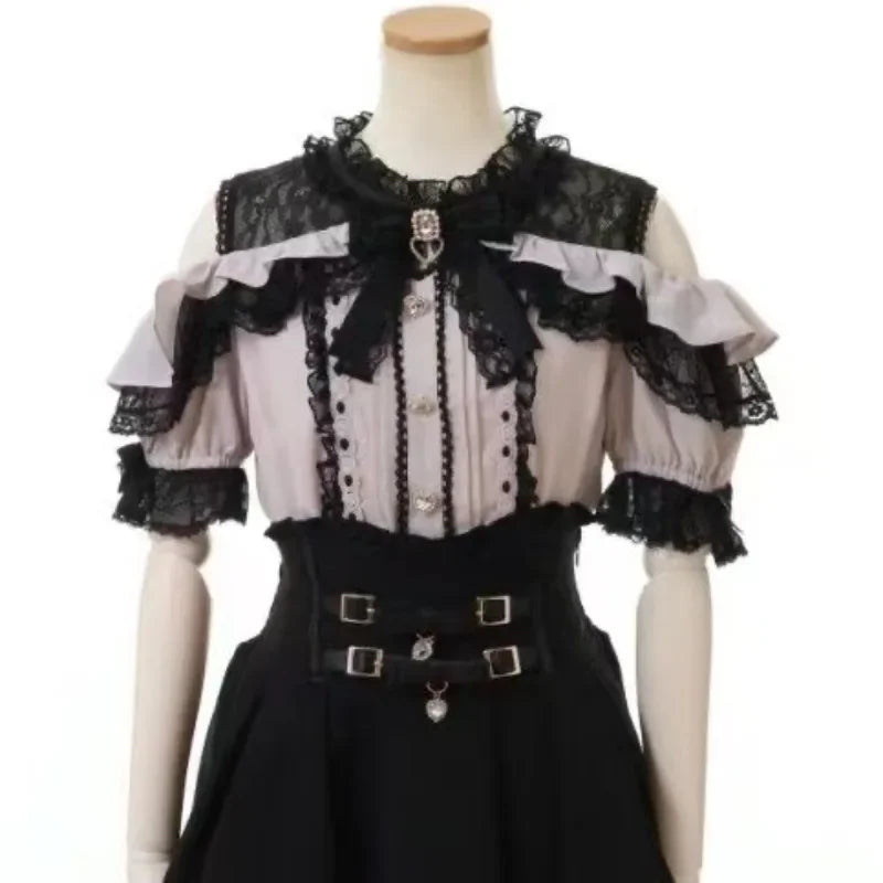 Women Japanese Sweet Lolita Blouses Summer Elegant Bow Off Shoulder JK Shirt Female Gothic Hot Girls Casual Lace Ruffles Tops