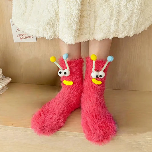 Cute Ugly Big Eye Funny Fleece Floor Socks  Coral Velvet Thickened Warm Plush Socks Autumn And Winter Home Socks