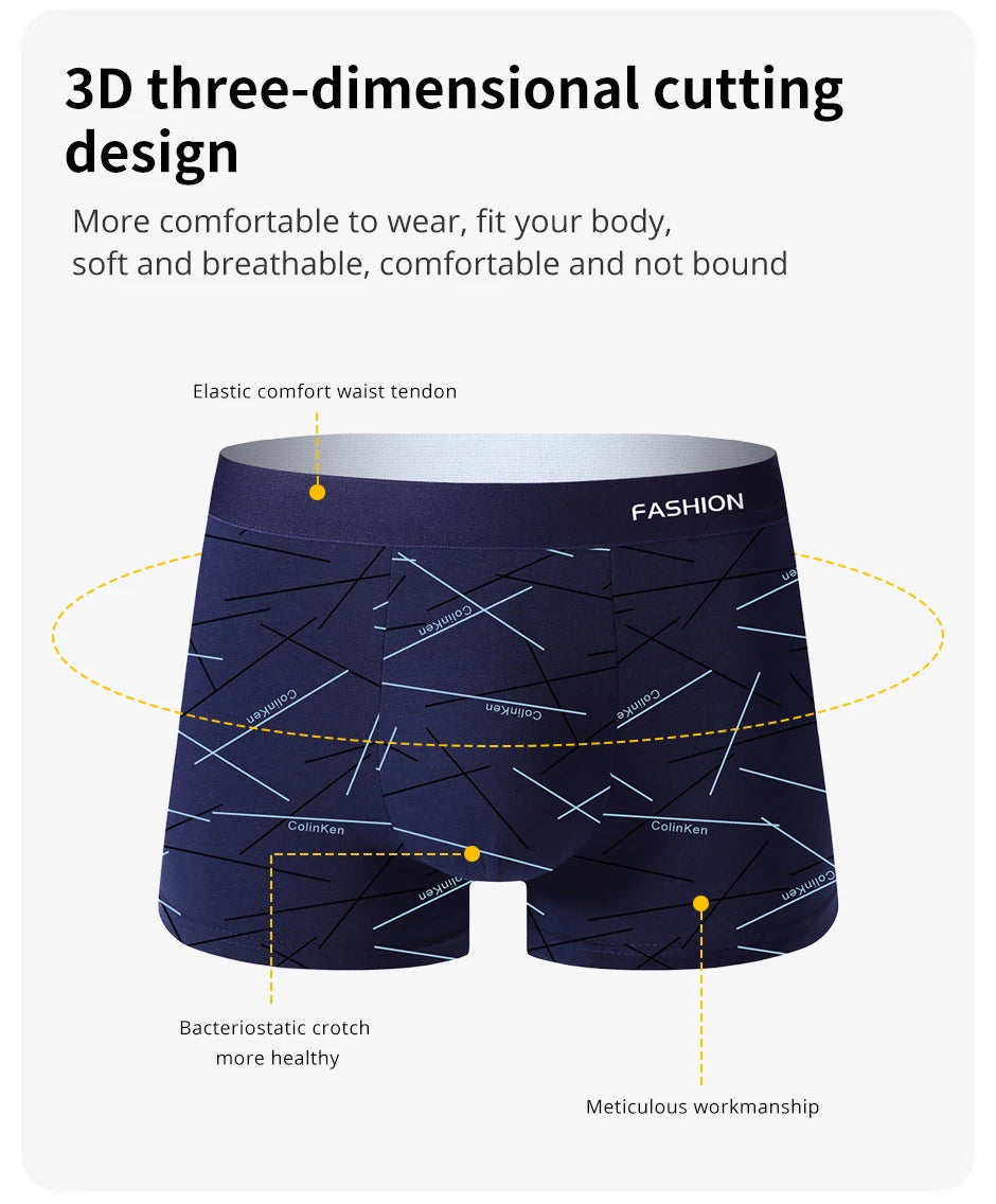 4pcs Men's Underwear, Comfortable, Soft and Fashionable Daily Line Print Intimate Boxer Briefs, Sporty and Breathable Boxers