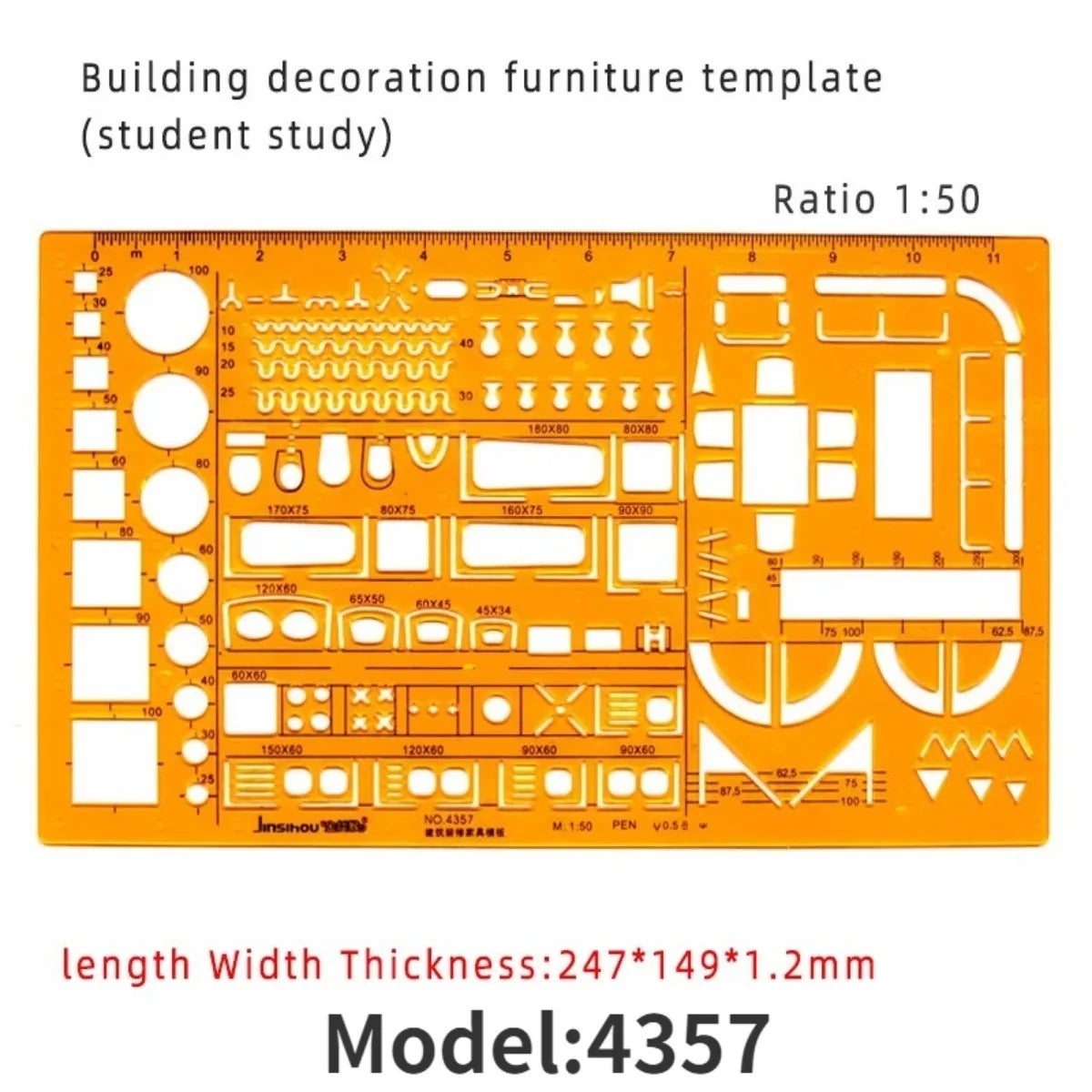 Geometric Drawing Template Set With Measuring Ruler - Yellow Transparent Plastic Tools+Bonus PE Zipper Bag - For Architecture
