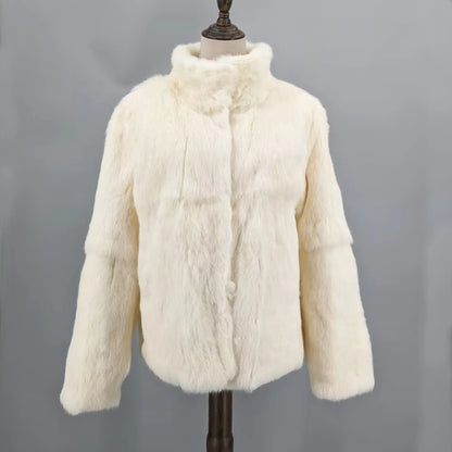 Women Real Rabbit Fur Coat High Collar Winter Jacket Make of One Rabbit Fur Cross Mink Pattern