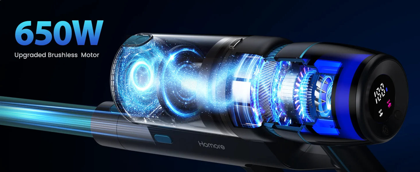 Homore NH007 650W/75KPA Powerful Cordless Vacuum Cleaner with LED Ambient Light, Smart Suction and Self-Standing Design