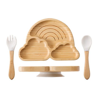 Baby Wooden Tableware Set Wooden Handle Fork Spoon Could Bamboo Wooden Plate Bowl Silicone Suction for Children Feeding Supplies