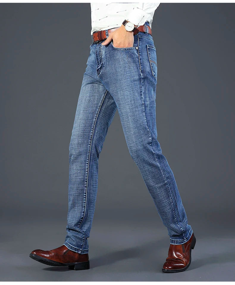 2026 Brand Slim Washed Jeans Casual Straight Stretch Fashion Classic Blue Black Work Denim Trousers Male Brand Clothing