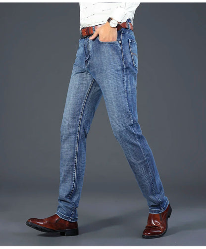 2026 Brand Slim Washed Jeans Casual Straight Stretch Fashion Classic Blue Black Work Denim Trousers Male Brand Clothing