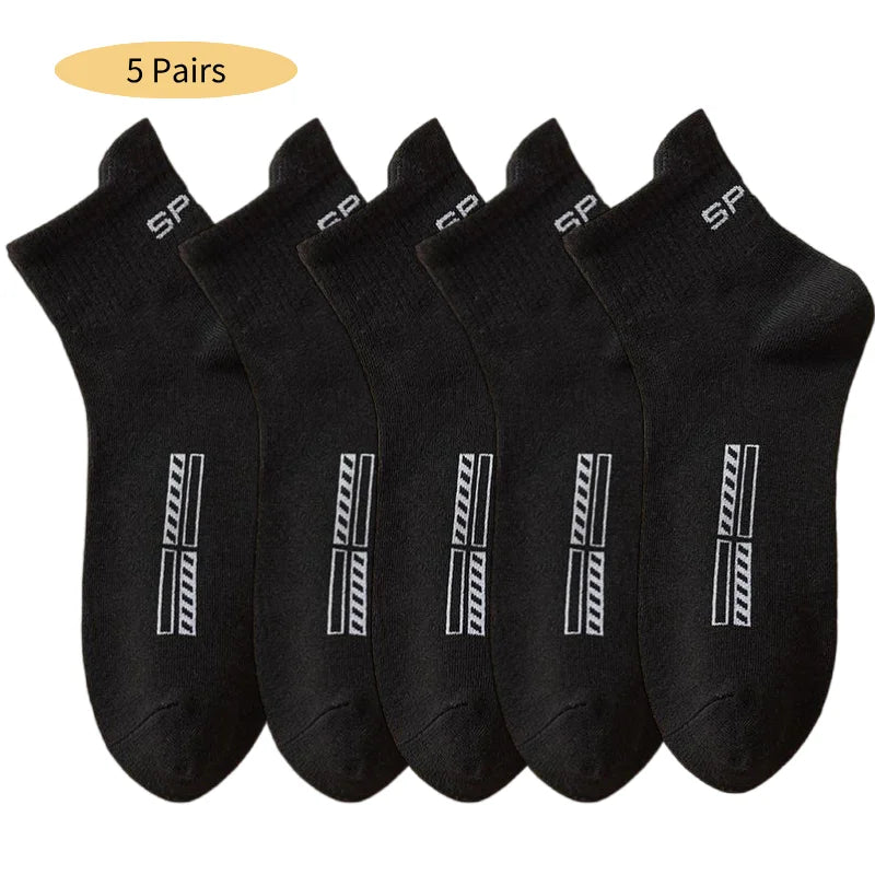5 Pairs Cotton Sock for Men Sport Breathable Soft Letter Fashion Sneakers High Elastic Middle Tube Stocking Towel Sox Summer