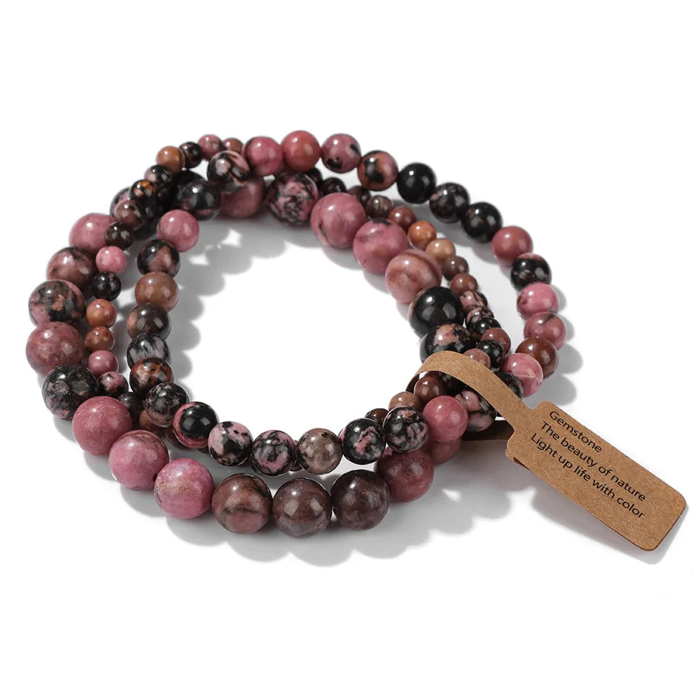 3pcs/set Natural Stone Beads Bracelet For Women Men 4 6 8 MM Indian Moss Agates Rhodonite Quartzs Jewelry Bracelet Gift Fashion