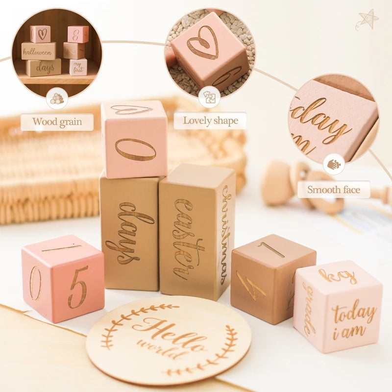 Baby Milestone Memorial Beech Wooden Blocks Quadrate Engraved Newborn Grow up Milestones Commemorate Block Photography Props