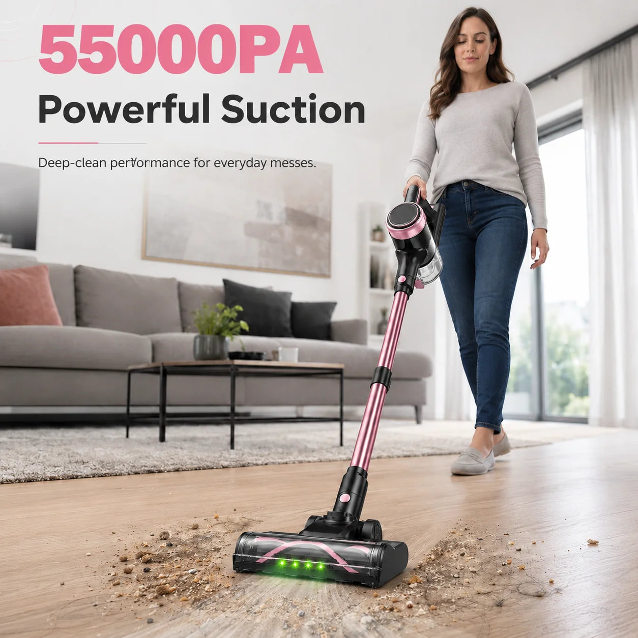 Cordless Vacuum Cleaner, 55KPa Powerful Suction, 45Mins Runtime, Self-Standing Stick Vacuum with 1.5L Dust Cup, 3 Suction Modes for Home Floor,Pet Hair and Carpet