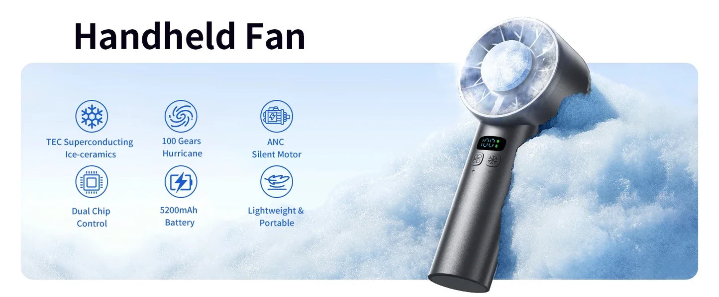 Portable Mini Fan Handheld Fan Ice Compress LED Display Ice Face 100 Wind Speeds 5200mAh USB Rechargeable Battery Fan