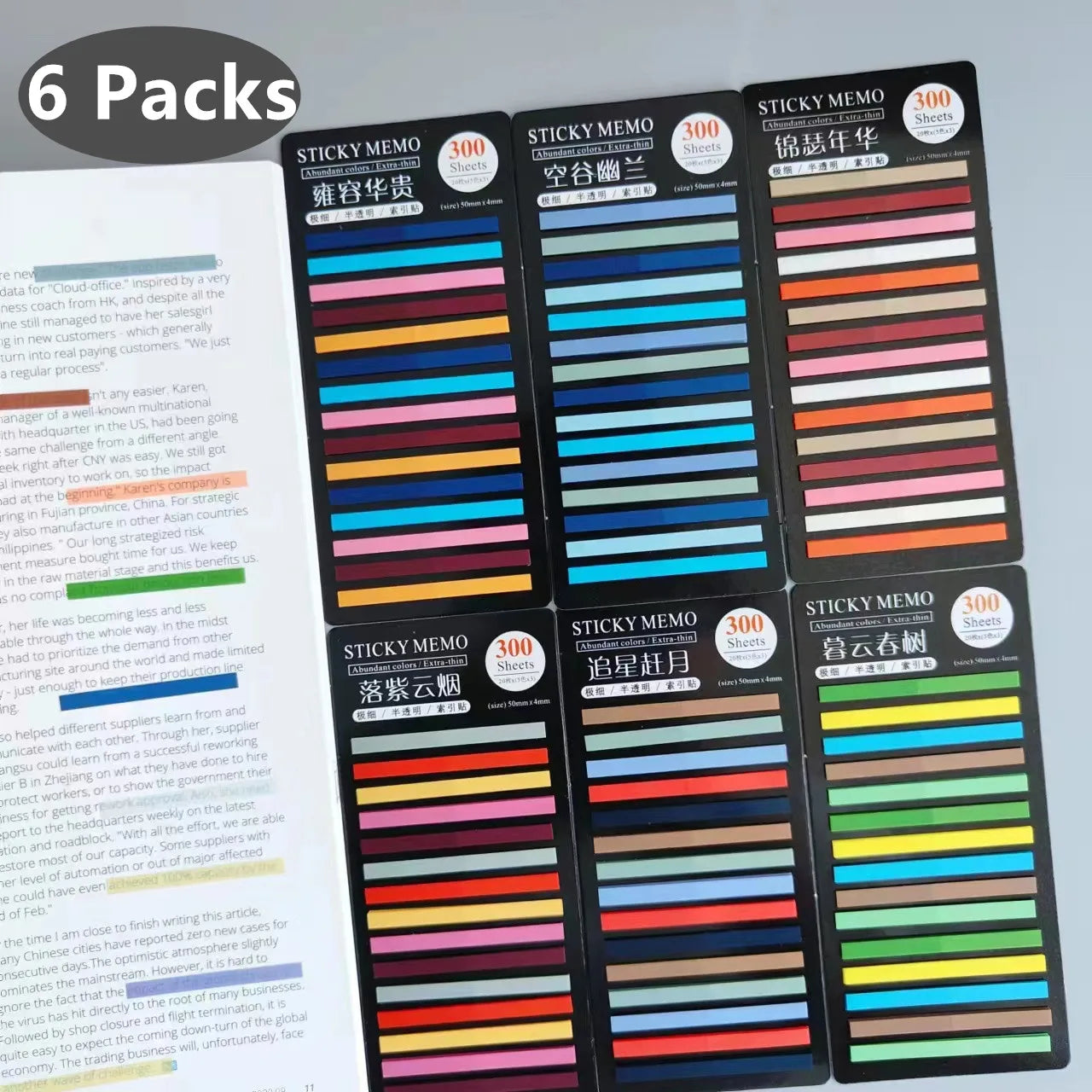6 Packs 1800Sheet Transparent Sticky Notes Self-Adhesive BookMarkers Annotation for Reading Book Clear Tabs Stationery