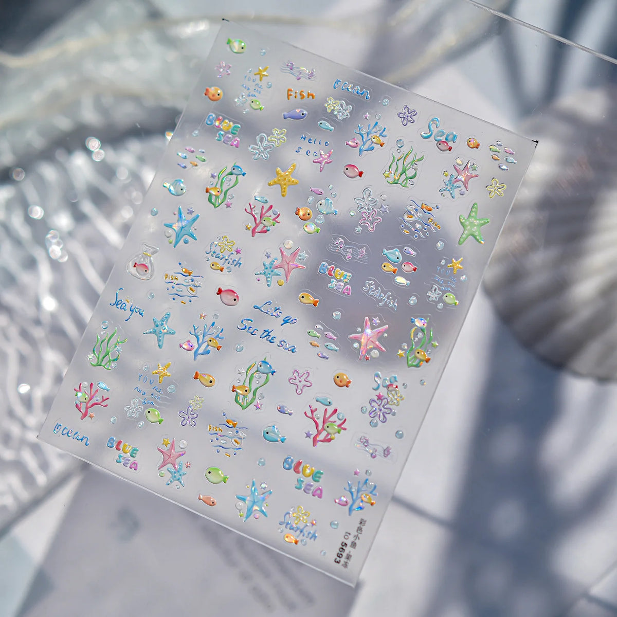 5D Starfish Fish Tail Small Fish Blue Bow Shell Silver Glitter Star Nail Art Stickers Ocean Fantasy Summer Nail Decals Manicure