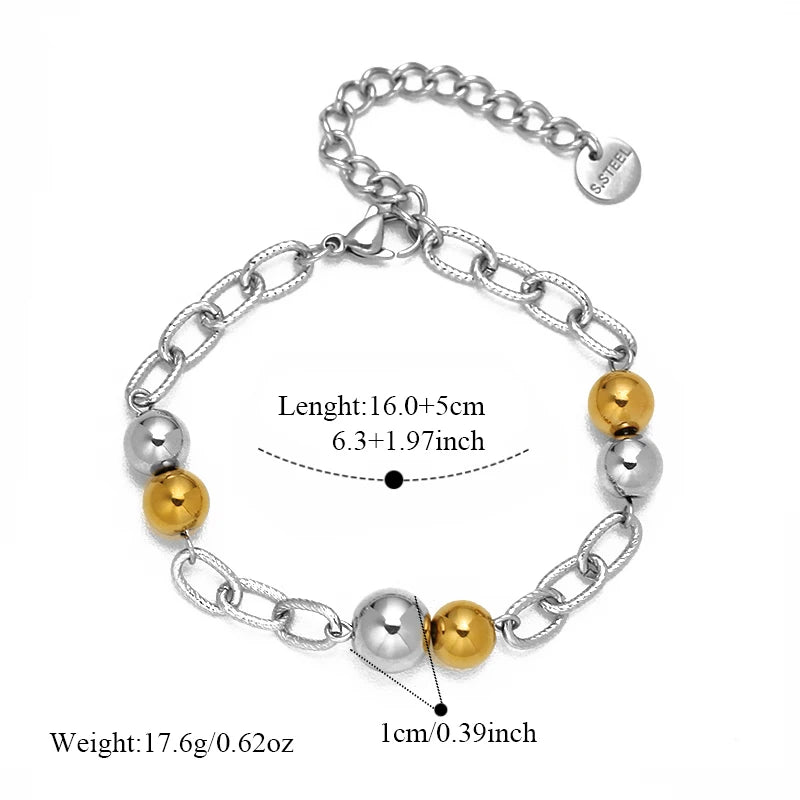 GANPUP 316L Stainless Steel Metal Beads Charms Bracelet Bangle for Women Texture Trendy Wrist Chain Jewelry Gift Bijoux Femme