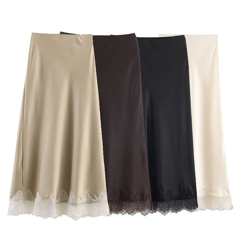 Willshela Women Fashion Solid Lace Side Hem Pleated A-Line Midi Skirt Vintage High Elastic Waist Female Chic Lady Skirts