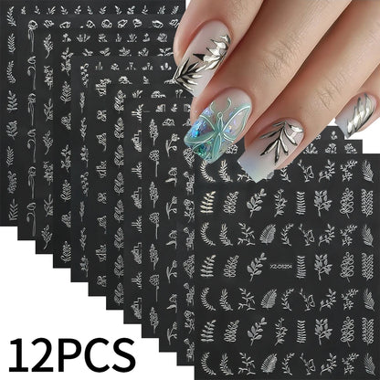 12pcs/set 3D Shiny Leaf Flower Nail Art Sticker Laer Gold Bronzing Leaves Nail Decals 8*10cm Self-Adhesive Nail Art Supplies e5#