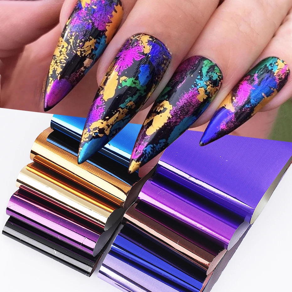 10pcs Metallic Nail Transfer Foils Mirror Gold Silver Purple Starry Paper Gel Polish Transfer Sticker DIY Pattern Manicure Decor