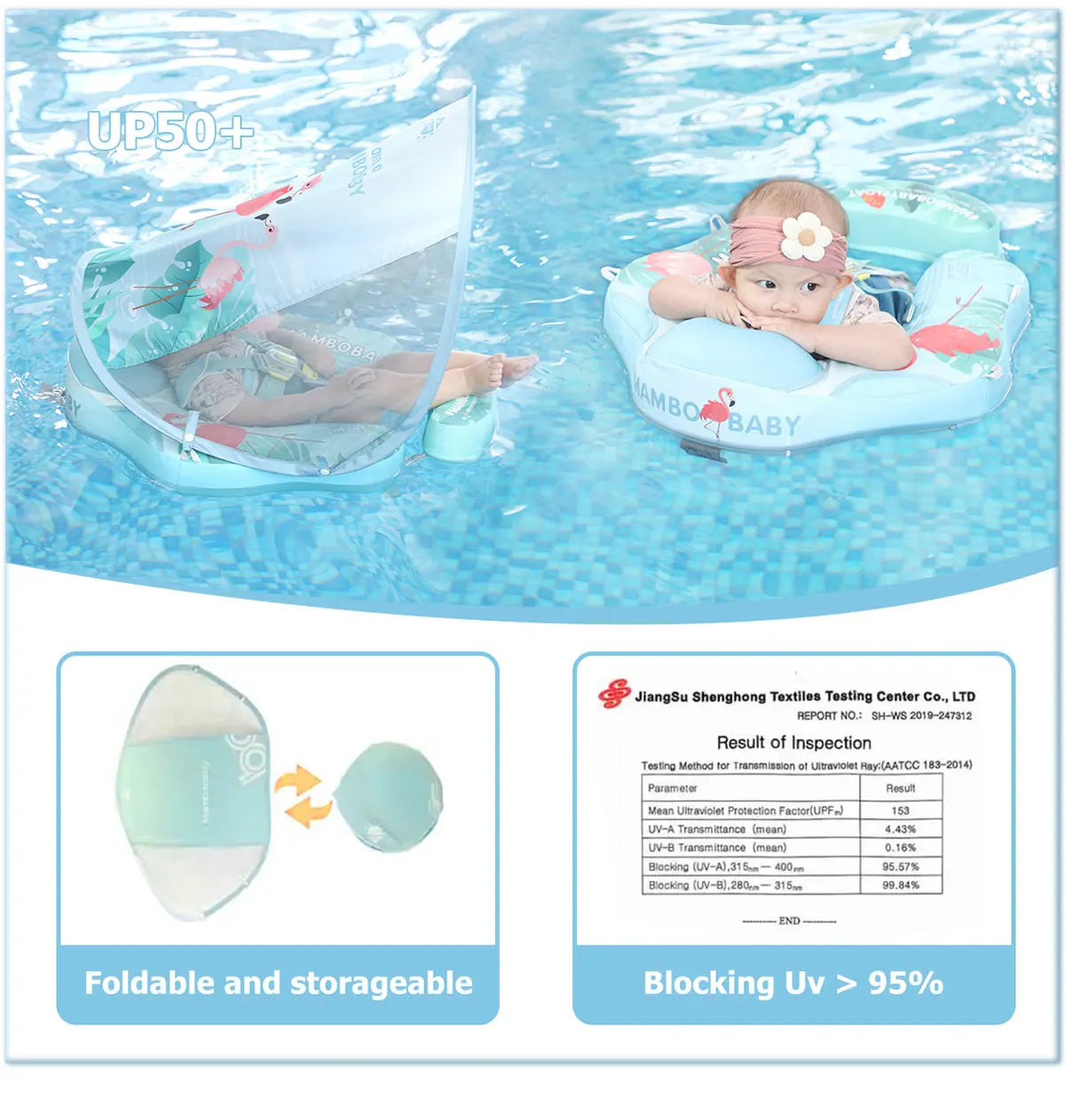 Mambobaby Gentle Skin-Safe Flamingo Air-Free Chest Float with Flat Canopy B503-143-W-Z Baby Swimming Ring Infant Water Circle
