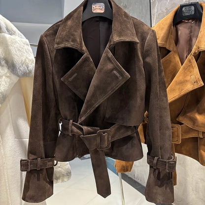 YOLOAgain 2025 Autumn Elegant Real Leather Jacket Coat Women Oversized Leather Jacket With Belt