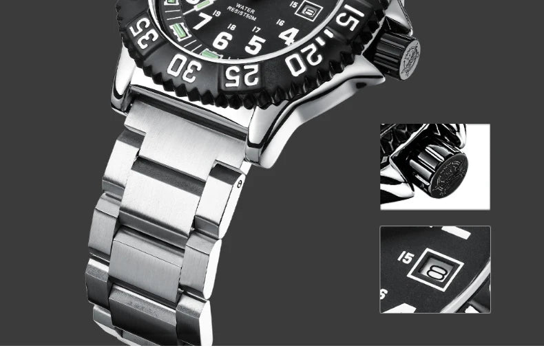 Addies Dive Men Fashion Casual Watch Calendar Display 50m Waterproof Tube Luminous Watch Black Dial Rotating Bezel Quartz Watch