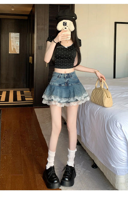 Sweet Sxey Denim Cake Skirt Women Retro Hight Waist A Line Mini Skirt Female Korean Fashion Casual Streetwear Pleated Skirt Y2K