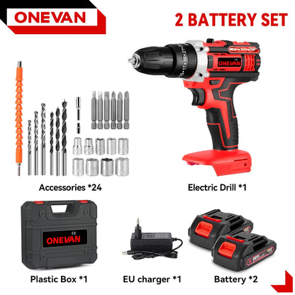 ONEVAN 25+3 Torque Electric Drill Portable Cordless Impact drill Furniture Wood Power Screwdriver Tools For Makita Battery Pin