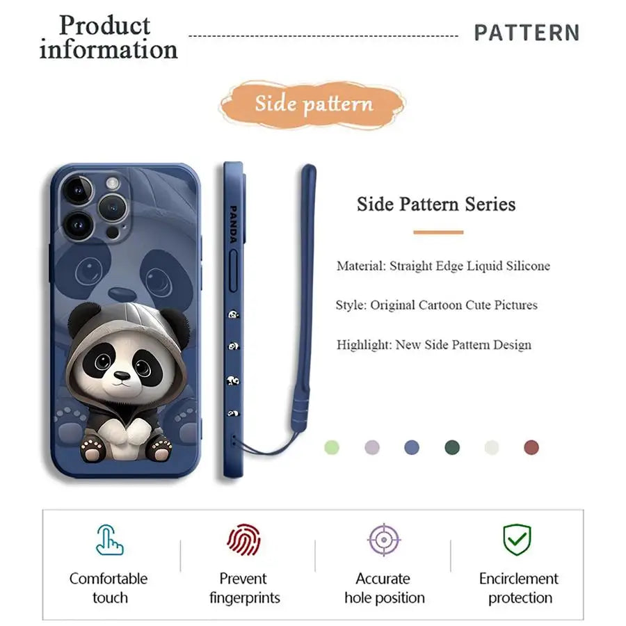 Cute Panda Phone Case for iPhone 11 13 16 Pro 14ProMax 15 Plus XS Max XR SE 8 7 12 Mini Silicone Cover Soft
