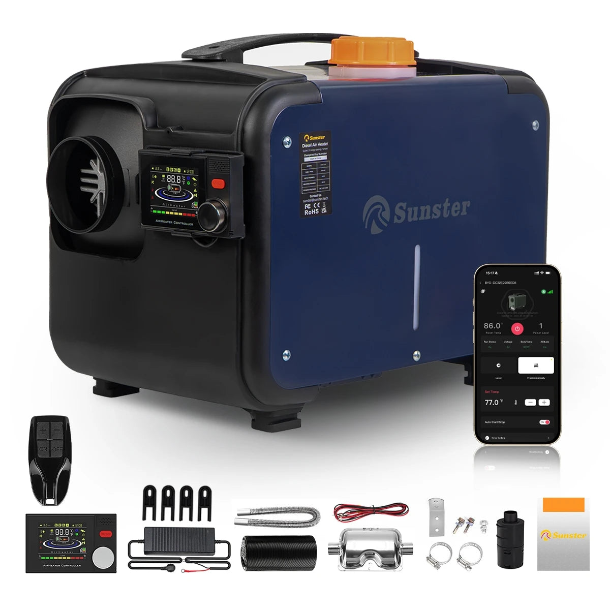 8KW 12V/24V/220V Ultra Silent Portable Diesel Air Heater W/Bluetooth App Automatic Altitude Car Heater for RV Car Campervan Home