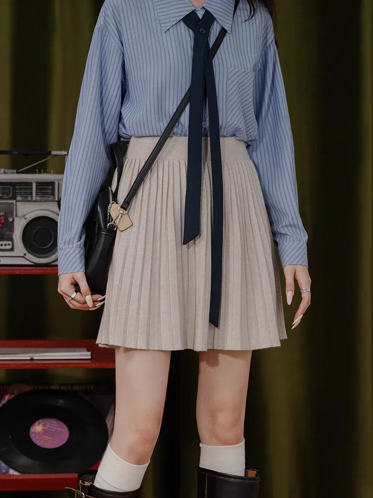 White Knitted Pleated Skirt Women Autumn Winter 2025 New High Waist Mini Skirt Lady's Fashion Korean Solid Women's Short Skirts