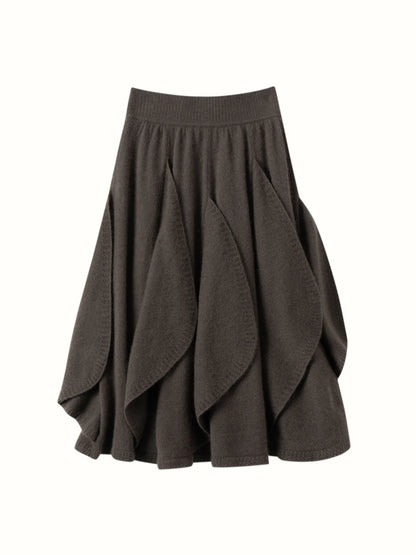 French 100% Pure Cashmere Skirt Ruffle Irregular A-line Soild Midi Sirt Autumn Winter Women Elegant Pleated  Knit Dress Fashion