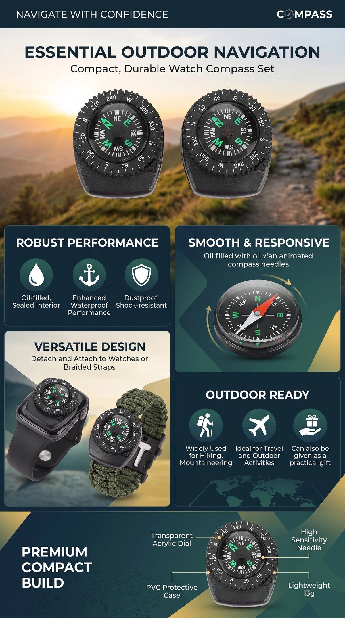 2pcs Compass for Watch Sliding Navigation Wristband Portable Beautiful Appearance Compasses Suitable for Outdoor Camping Boating