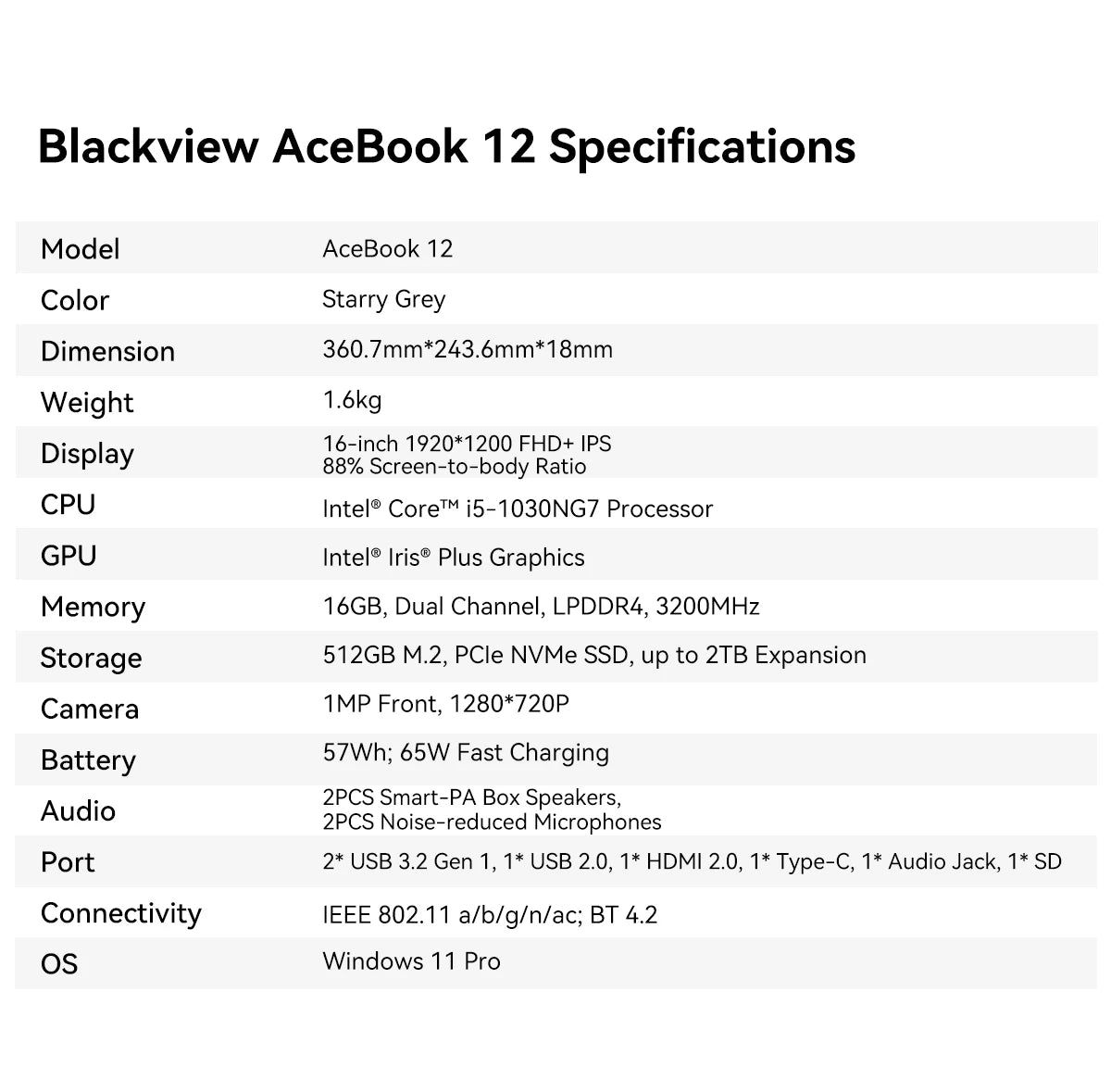 Blackview Acebook 12 Win 11 Pro Laptop 16'' 1920*1200 Display, Intel I5-1030NG7 Notebook, 16GB 512GB, 5000mAh