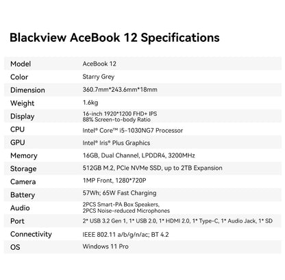 Blackview Acebook 12 Win 11 Pro Laptop 16'' 1920*1200 Display, Intel I5-1030NG7 Notebook, 16GB 512GB, 5000mAh