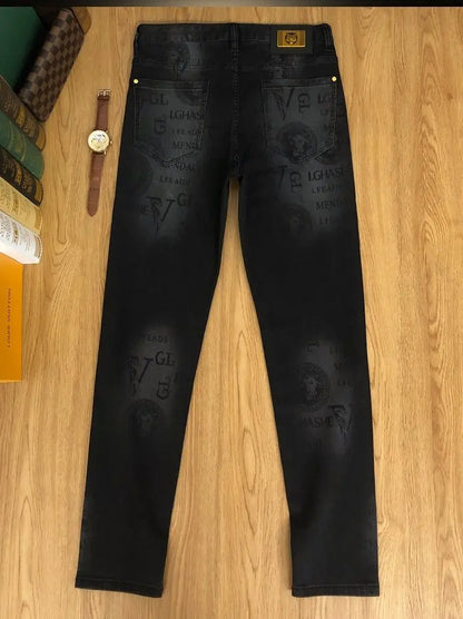 Spring and Autumn Korean Slim Jeans for Men 2025 High-end Luxury Clothing Black Printing Mid-waist Stretch Casual Pencil Pants