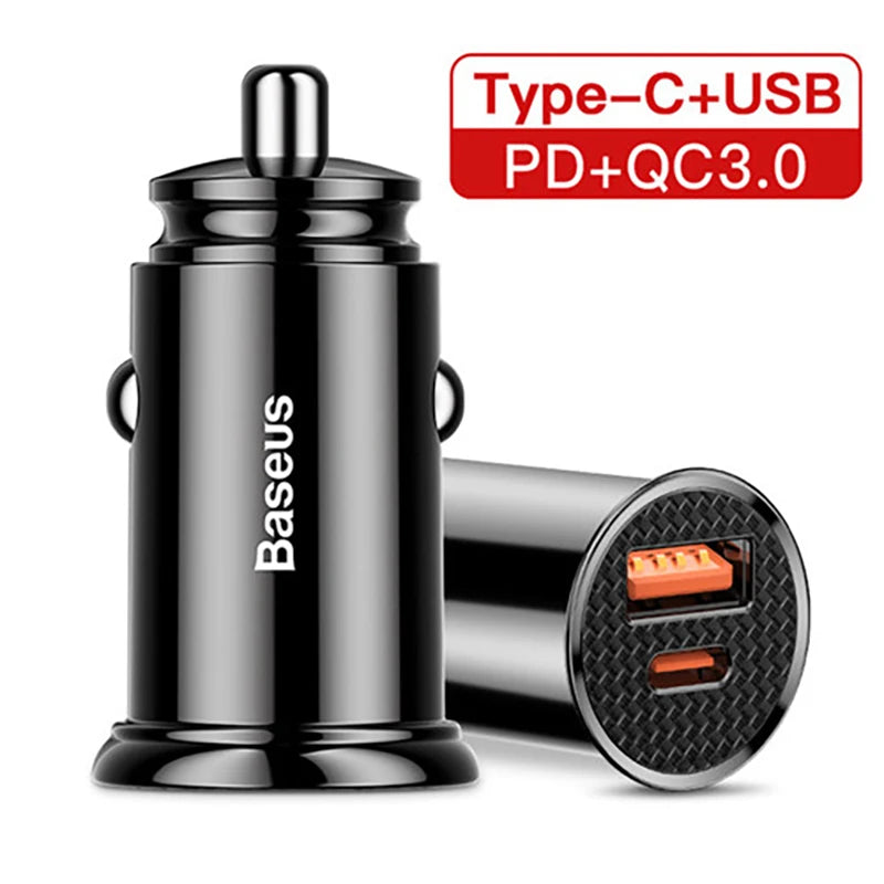 Baseus 30W Car Fast Charger Quick Charge 4.0 3.0 USB Type-C Fast Charging Car Phone Charger For Huawei Xiaomi iPhone 15 14 13 12