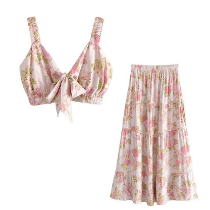 Boho Queens Women Two Piece Suit Outfits Strap Sleeveless Tops Bohemian Drawstring Maxi Skirts 2 Pieces Rayon Cotton Sets
