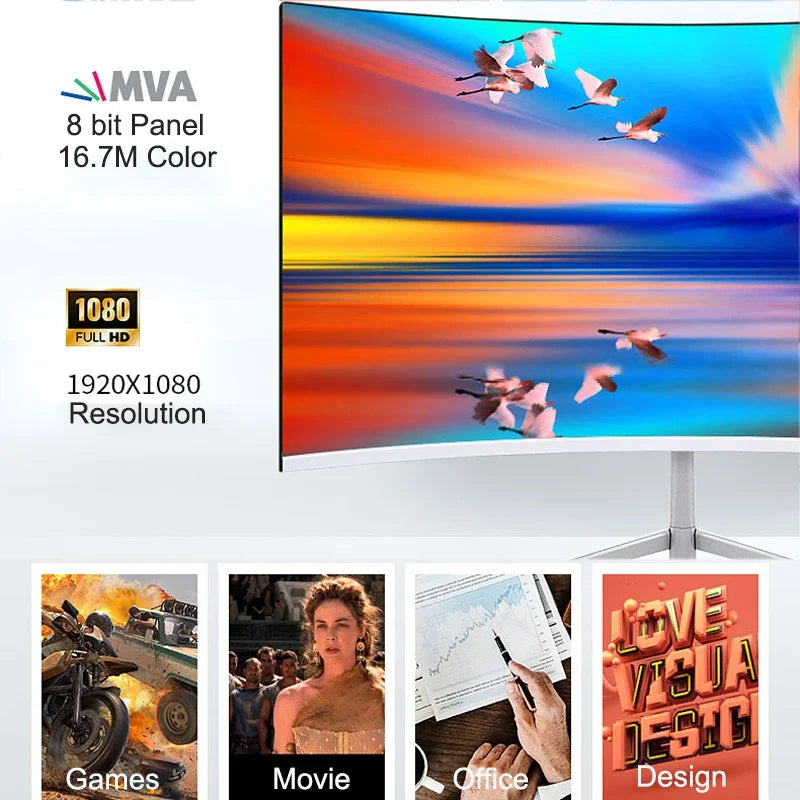 24 Inch Curved 100Hz Monitor Gaming MVA FHD 1080P Computer Display 3000R HDMI/VGA DCR Eye Protect VESA 100*100 2ms Response