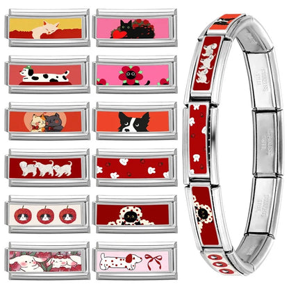 2025 New Women's Gift Cute Rabbit Cat Dogs Italian Charms Links Beads Fit 9mm Stainless Steel Modular Modular Bracelet Jewelry