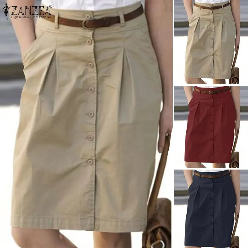 ZANZEA Woman Fashion OL Work Skirts Summer Elegant High Waist Skirt Female Casual Pleated Robe Vintage Buttons Up Faldas Saia