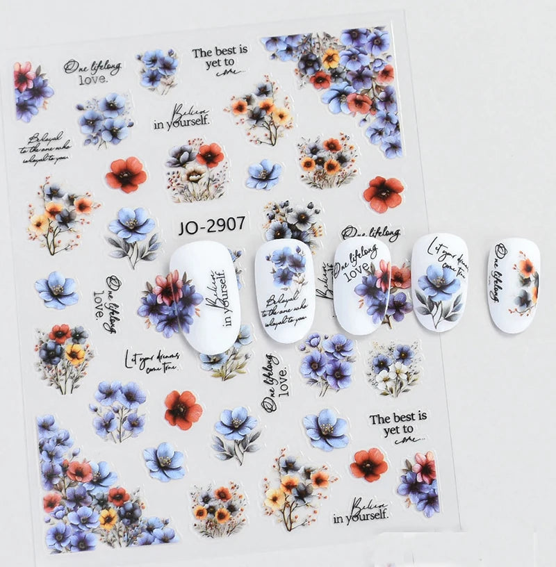 3d Nail Art Decals Spring Booming Violets Lavenders Purple Blue Pink Flowers Butterflys Stickers Decoration For Nail Tips Beauty