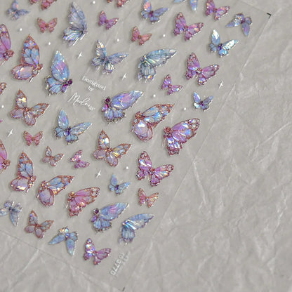 Shiny Jelly Butterfly Charming Golden Gradient Bowknot 5D Self Adhesive Nail Art Sticker Flower Petal Rhinestone Manicure Decals