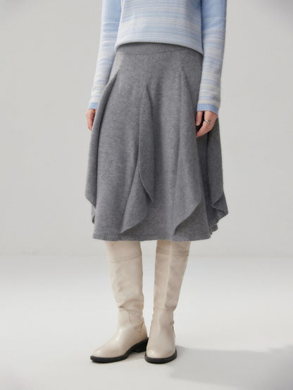 French 100% Pure Cashmere Skirt Ruffle Irregular A-line Soild Midi Sirt Autumn Winter Women Elegant Pleated  Knit Dress Fashion